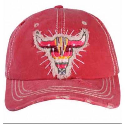 s Ball Cap Hat COW SKULL Cowgirl Western Red Factory Distressed Adjustable  eb-79675134